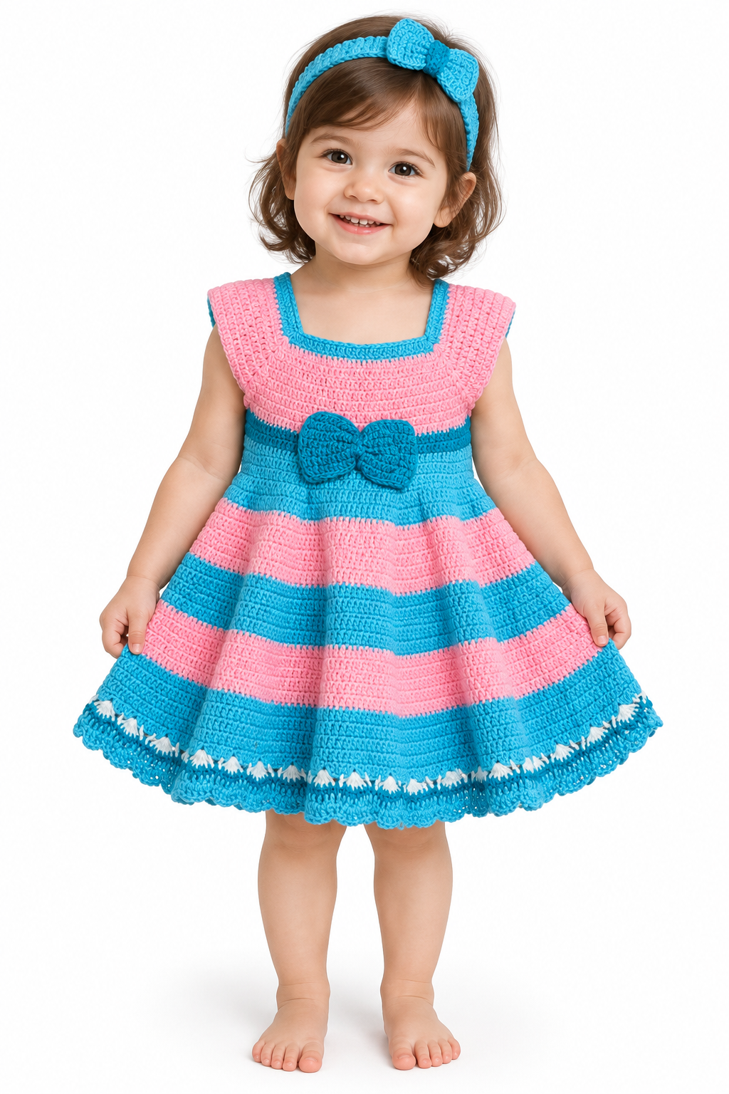 Handmade baby bow appliqué woollen dress